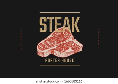 Porter house steak vector illustration. Hand-drawn slice of meat tenderloin on black background. Concept of fresh farm products. Design element for menu, poster of butcher shop, market, restaurant.