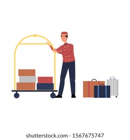 Porter man cartoon character in uniform and with luggage trolley flat vector illustration isolated on white background. Hotel staff for tourism and traveling projects.