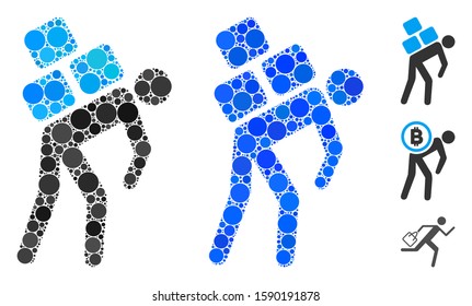 Porter mosaic of round dots in different sizes and shades, based on porter icon. Vector round dots are grouped into blue mosaic. Dotted porter icon in usual and blue versions.