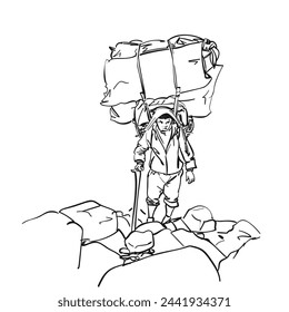 Porter in nepal is carrying extremely big load in traditional way with strap on his forehead, Hand drawn illustration, Vector sketch