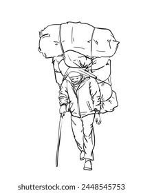 Porter in nepal is carrying extremely big load in traditional way with strap on his forehead, Hand drawn line illustration isolated, Vector sketch