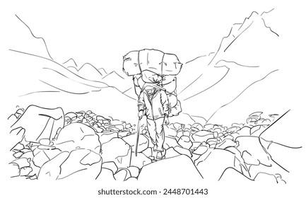 Porter en Nepal llevando una carga extremadamente Grande en su cabeza de una manera tradicional en el Himalaya, ilustración dibujada a mano, boceto de Vector, gente montañesa trabajadora