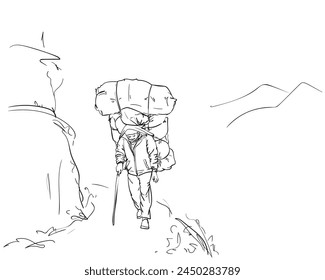 Porter in Nepal carrying an extremely large load in a traditional way with a strap on his forehead, walking on mountain side trail in the Himalayas, hand drawn illustration, vector sketch