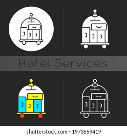 Porter service dark theme icon. Carrying guest luggage to the guests room. Escorting guests. Outlining hotel facilities. Linear white, simple glyph and RGB color styles. Isolated vector illustrations