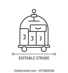 Porter service linear icon. Carrying guest luggage to the guests room. Outlining hotel facilities. Thin line customizable illustration. Contour symbol. Vector isolated outline drawing. Editable stroke