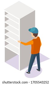 Porter con uniforme moviendo estantería blanca vacía. Librería de madera, armario moderno o armario de plástico. Pieza de mueble de salón ilustración vectorial 3D