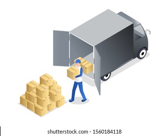 Porter unloading cargo isometric vector illustration. Delivery service employee in uniform carrying cardboard box cartoon character. Parcel trucking business, transportation industry design element