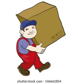 porter in working uniform carries a heavy box