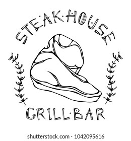 Porterhouse Steak Beef Cut with Lettering in s Thyme Herb Frame. Meat Logo for Butcher Shop, Steak House or Grill Bar Menu. Hand Drawn Illustration. Savoyar Doodle Style.
