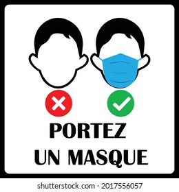 Portez un Masque ("Wear a Face Mask" in French) Instruction Icon against the Spread of COVID-19. Mask sign and symbol.