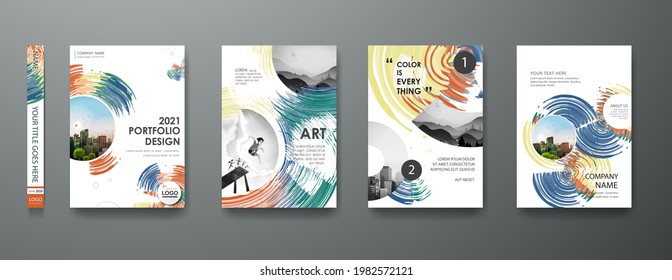 Portfolio art design vector set. Abstract oil brush shape on cover book presentation. Watercolor paint brochure layout and modern report business flyers poster template.