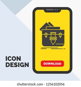 portfolio, Bag, file, folder, briefcase Glyph Icon in Mobile for Download Page. Yellow Background