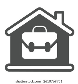 Portfolio bag with home house solid icon, remote work concept. Vector graphics. Briefcase and cottage building sign on white background, glyph style icon for mobile or web design