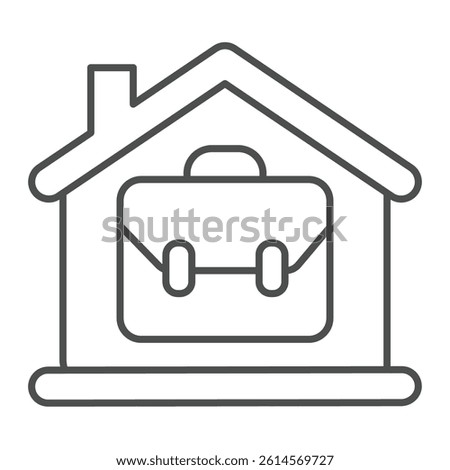 Portfolio bag with home house thin line icon, remote work concept. Vector graphics. Briefcase and cottage building sign on white background, linear style icon for mobile or web design