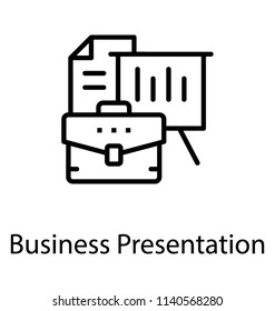 A portfolio bag, projection screen and documents are placed aside, business presentation 