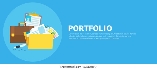 Portfolio banner. Folder with files, briefcase, pen. Vector flat illustration