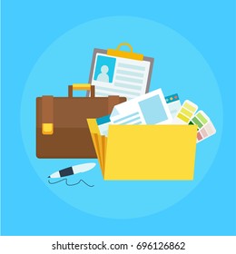 Portfolio banner. Folder with files, briefcase, pen. Vector flat illustration