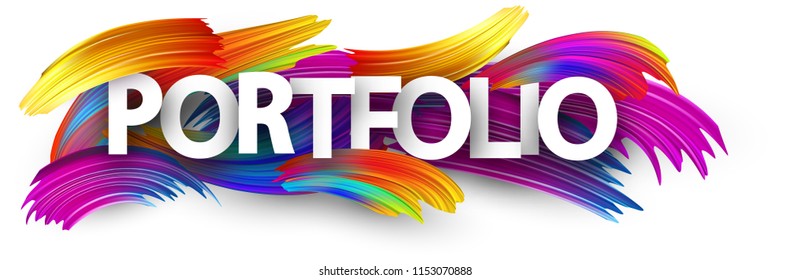 Portfolio banner with spectrum brush strokes on white background. Colorful gradient brush design. Vector paper illustration.