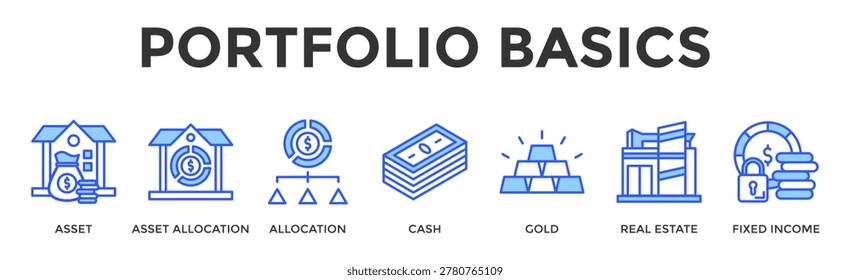 Portfolio Basics Banner Web Icon Set Collection Pack Vector Illustration Concept Containing Asset, Asset Allocation, Allocation, Cash, Gold, Real Estate, Fixed Income