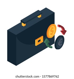 portfolio briefcase documents with dollar and euro coins vector illustration design