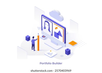 Portfolio Builder isometric conceptual template. Man showing artworks on internet. Artist jobs concept website design. Graphic design performance 3d creative vector illustration for web page