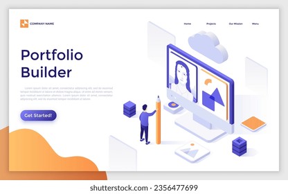 Portfolio Builder isometric landing page template. Man showing artworks on internet. Artist jobs concept website design. Graphic design performance 3d creative vector illustration for web page