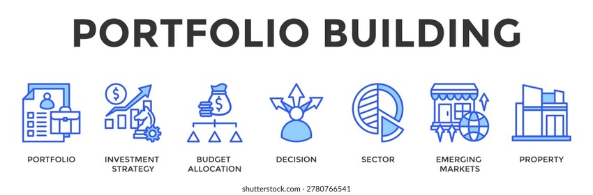 Portfolio Building Banner Web Icon Set Collection Pack Vector Illustration Concept Containing Portfolio, Investment Strategy, Budget Allocation, Decision, Sector, Emerging Markets, Property