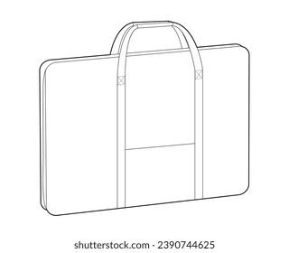 Portfolio case silhouette bag. Fashion accessory technical illustration. Vector satchel front 3-4 view for Men, women, unisex style, flat handbag CAD mockup sketch outline isolated