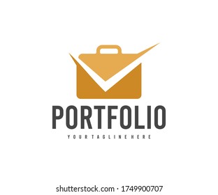 Portfolio and check mark, briefcase, bag and suitcase, logo design. Business, accounting and finance, vector design and illustration