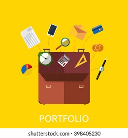 Portfolio with coin watch and document data. Portfolio for business document paper and phone, clock coins and office supplies, credit card envelope and telephone in briefcase, vector illustration