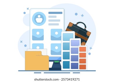 Portfolio concept. Briefcase with work gallery and file collection. Presentation artist folder preview. Screen template for landing page, interface, web, app, poster, banner. Flat vector illustration.