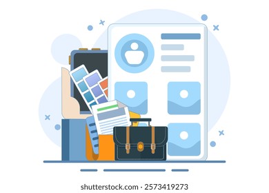 Portfolio concept. Briefcase with work gallery and file collection. Presentation artist folder preview. Screen template for landing page, interface, web, app, poster, banner. Flat vector illustration.