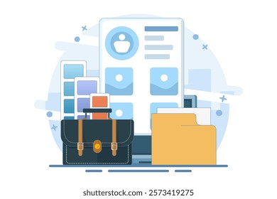 Portfolio concept. Briefcase with work gallery and file collection. Presentation artist folder preview. Screen template for landing page, interface, web, app, poster, banner. Flat vector illustration.