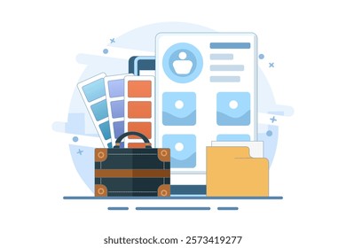 Portfolio concept. Briefcase with work gallery and file collection. Presentation artist folder preview. Screen template for landing page, interface, web, app, poster, banner. Flat vector illustration.