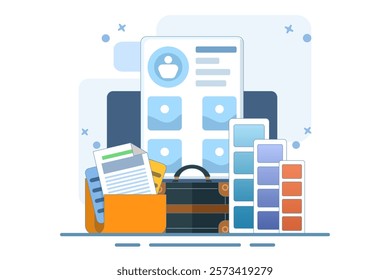 Portfolio concept. Briefcase with work gallery and file collection. Presentation artist folder preview. Screen template for landing page, interface, web, app, poster, banner. Flat vector illustration.