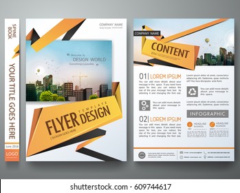 Portfolio design template vector. Minimal brochure report business flyers magazine poster. Abstract orange polygons on cover book presentation. City concept on A4 size layout.