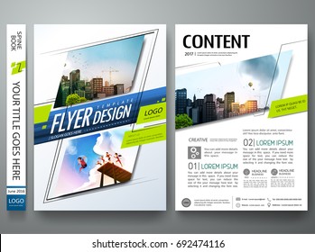 Portfolio design template vector. Minimal brochure report business flyers magazine poster. Abstract green and blue square on cover book presentation. City concept in A4 size layout.