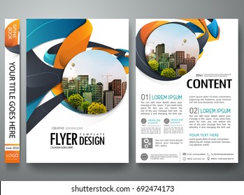 Portfolio design template vector. Minimal brochure report business flyers magazine poster. Abstract graphic blue and orange shape on cover book presentation. City concept on A4 size layout.