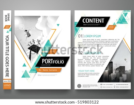 Portfolio design template vector. Minimal brochure report business flyers magazine poster. Abstract green triangle cover book presentation. City concept on A4 size layout.