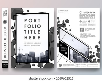 Portfolio design template vector.Minimal brochure report business flyers magazine poster.Abstract black box square on cover book presentation.City concept on A4 size layout.