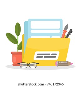 Portfolio of designer. Briefcase with art tools.