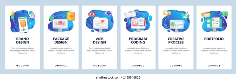 Portfolio, digital branding agency web site and mobile app onboarding screens. Menu banner vector template for website and application development.