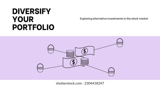 Portfolio Diversification Banner on White and Purple Background. Stylish Stock Investment Banner with Black Text and Icons for Business and Finance
