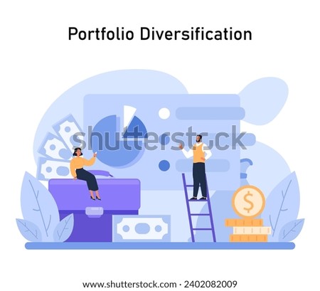 Portfolio Diversification concept. Balancing financial holdings to minimize risk. Strategic investment spread across various assets. Flat vector illustration