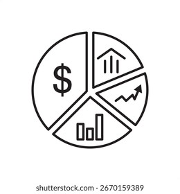 Ícone de vetor de diversificação de portfólio mostrando o gráfico de pizza com sinal de dólar, gráfico de barras e setas para cima. Ideal para finanças, investimento, alocação de ativos, estratégia de negócios, mercado de ações e análises.