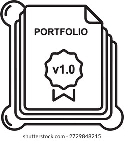 Portfolio document icon with version 1.0 badge, representing achievement or project completion isolated on white background, illustration