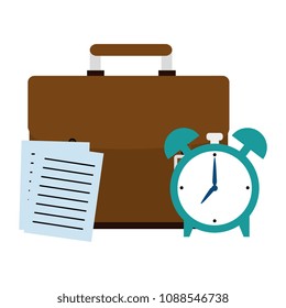 portfolio with documents and alarm clock