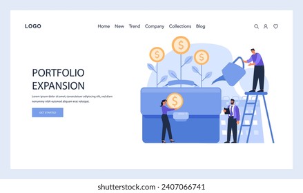 Portfolio Expansion web or landing. Depicts the nurturing of financial assets for a diversified and robust investment portfolio. Flat vector illustration
