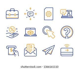 Portfolio, File management and Click here icons simple set. Smile, Atm service and Question mark signs. Credit card, Online delivery and Loan percent symbols. Line portfolio icon. Colorful set