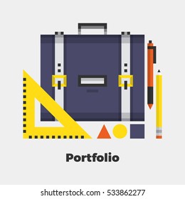 Portfolio Flat Icon. Material Design Illustration Concept. Modern Colorful Web Design Graphics. Premium Quality. Pixel Perfect. Bold Line Color Art. Unusual Artwork Isolated on White. 